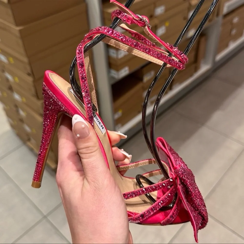 Steve Madden Blossom Women's‎ Pink Rhinestone Embellished Bow Strappy Heels New